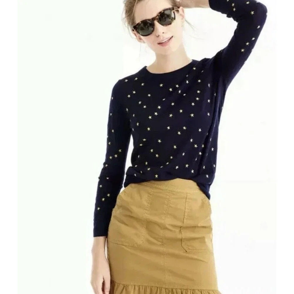 J. Crew Tippi Navy Sweater Embroidered Gold Stars 100% Merino Wool Size Small